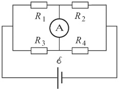 Схема подключения амперметра и 4-х резисторов к батарее питания